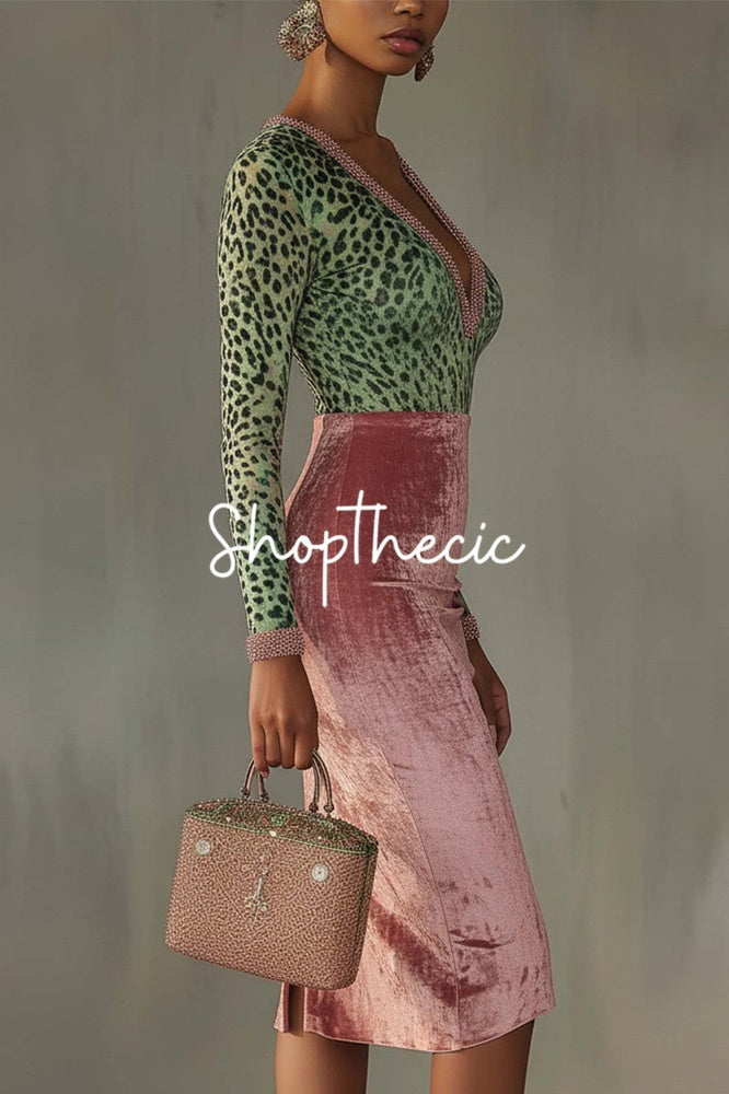 Leopard patchwork pink V-neck gold velvet stretch high-waisted dress