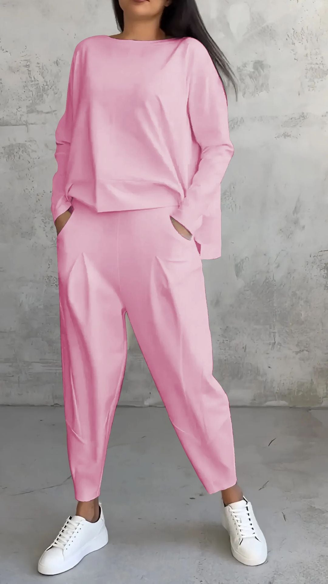 Solid color loose hem sweatshirt cropped pants two-piece set