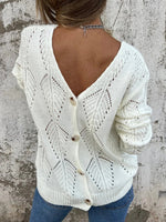 Reversible hollow leaf pattern V-neck long-sleeved knitted sweater