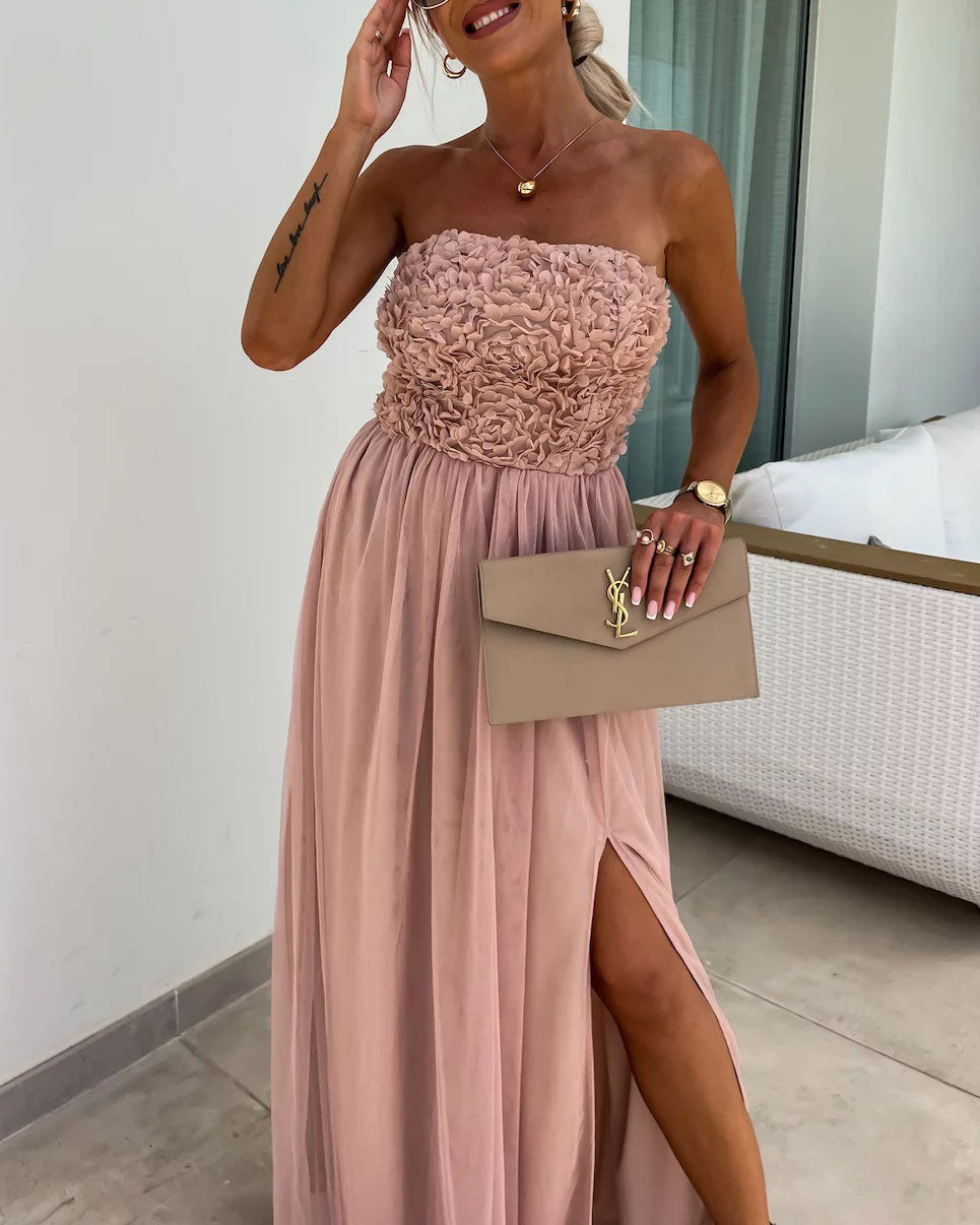 Schulterfreies Tube-Top-Tutu-Kleid aus Netzstoff mit Schlitz