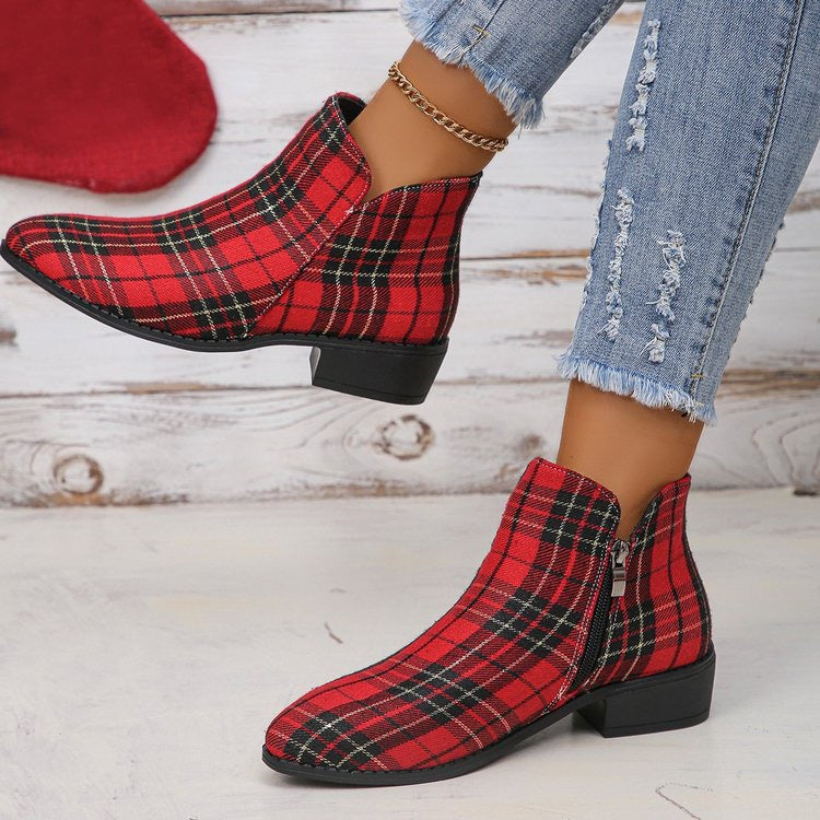 Chaussures en jean à bout rond à carreaux rouges et noirs
