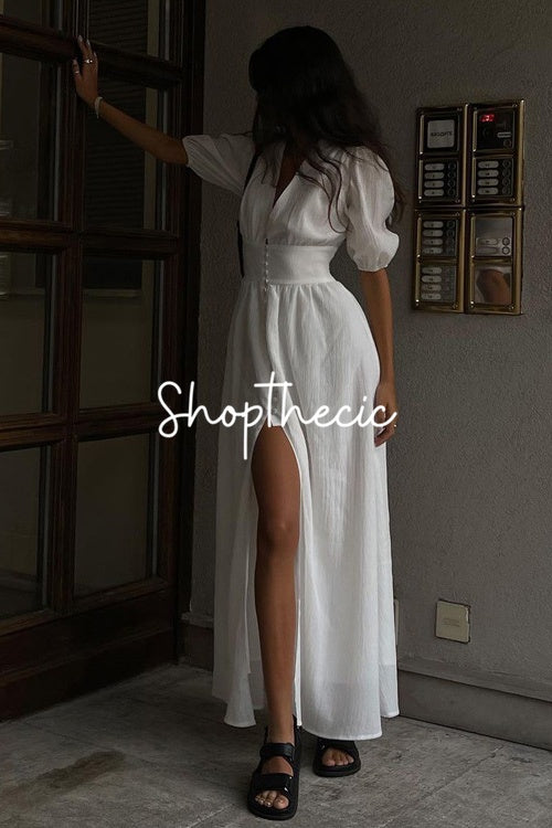 Elegant white short puff sleeved fitted slit maxi dress