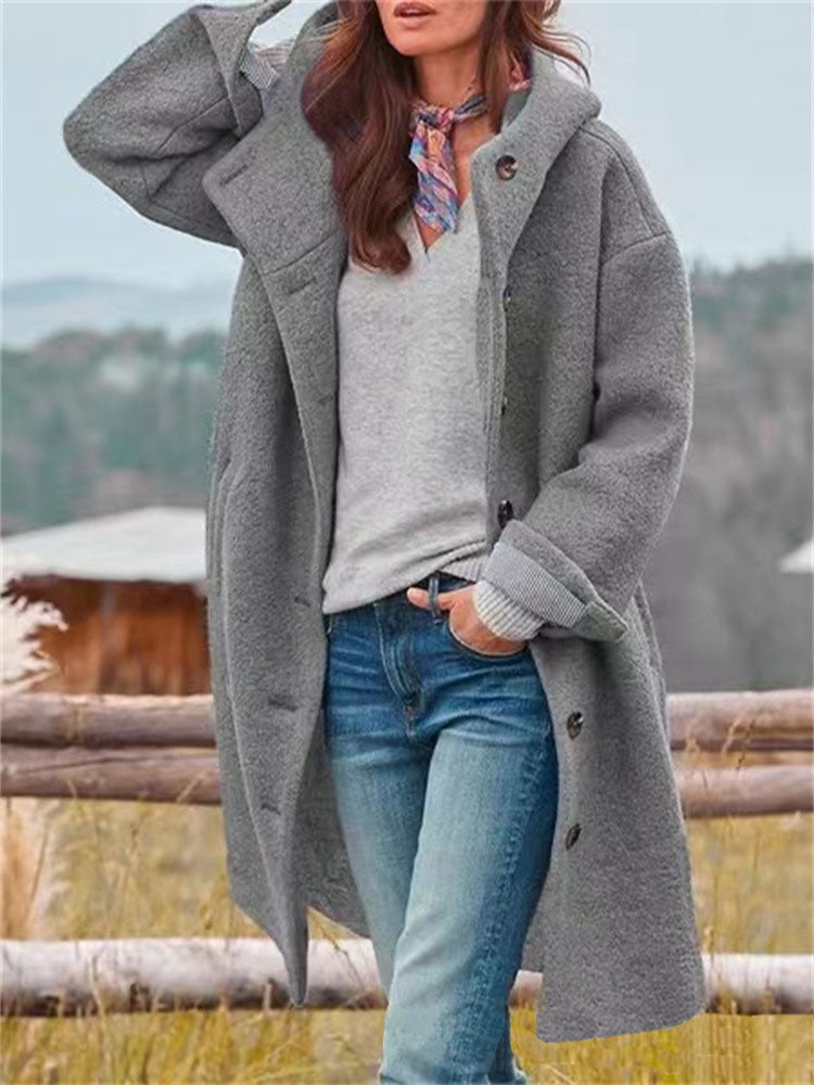 Loose single breasted hooded woolen coat