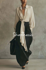 Shirt with long belt and flowing wide-leg pants Two-piece set