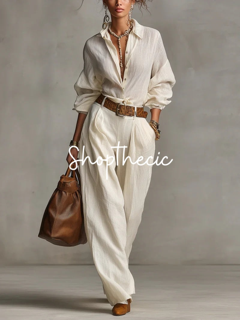 Elastic cuff shirt and loose trousers two-piece set