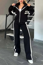 Y2K striped zip-up cropped sweatshirt jacket and sports pants two-piece set
