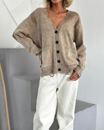 Cozy distressed deep V-neck single-breasted loose wool cardigan