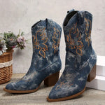 Western cowboy pointed toe slip-on chunky heel ankle boots