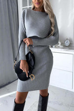 Ribbed knit long-sleeved top and camisole dress two-piece set