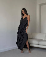 Ruffled V-neck Sling Slit long Dress