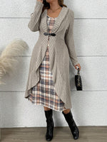 Long Knitted Jacket and Plaid Slip Dress Two-Piece Set