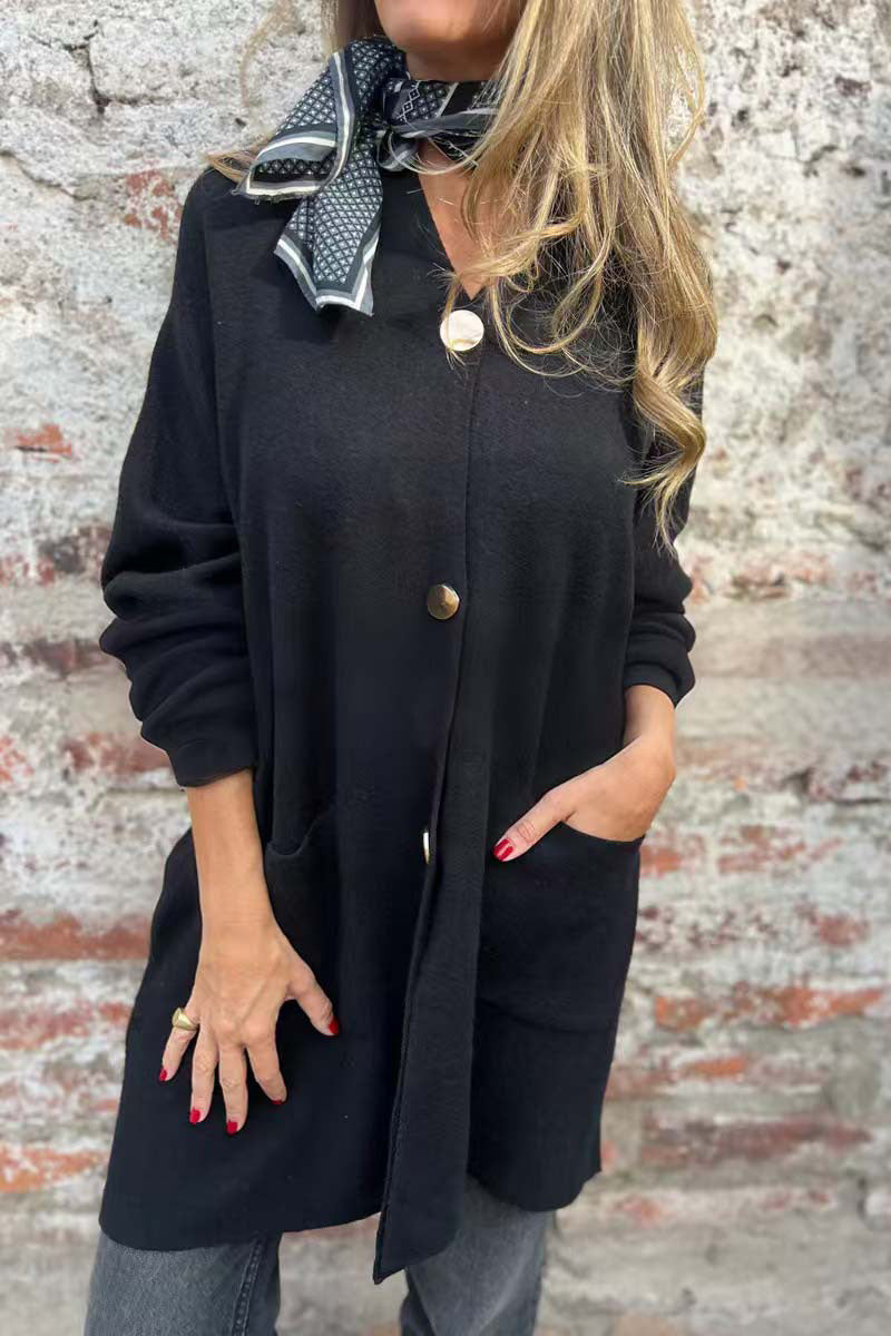 Mid-length solid color single-breasted V-neck cardigan jacket