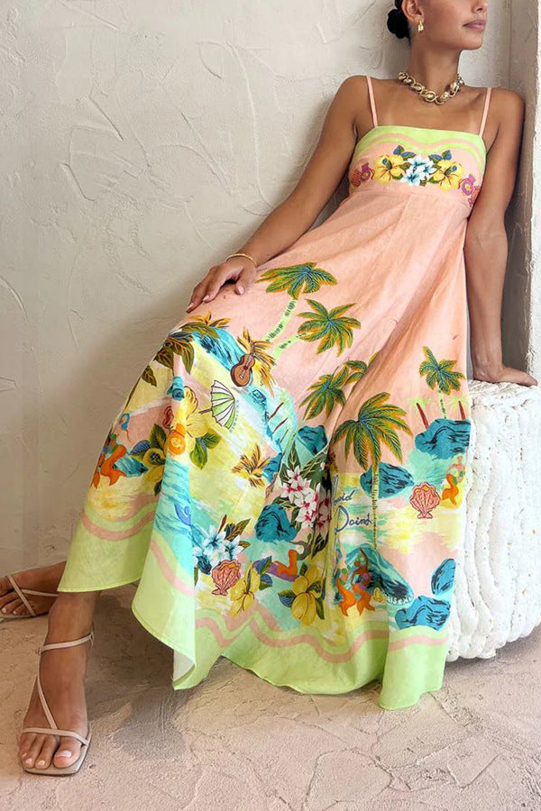 Tropical landscape print suspender dress