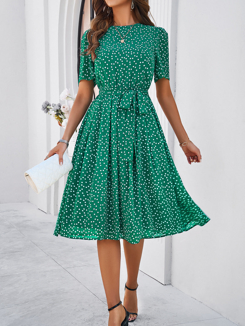 Rundhalsausschnitt, Kurzarm, Taillengürtel, Poled Dot-Kleid