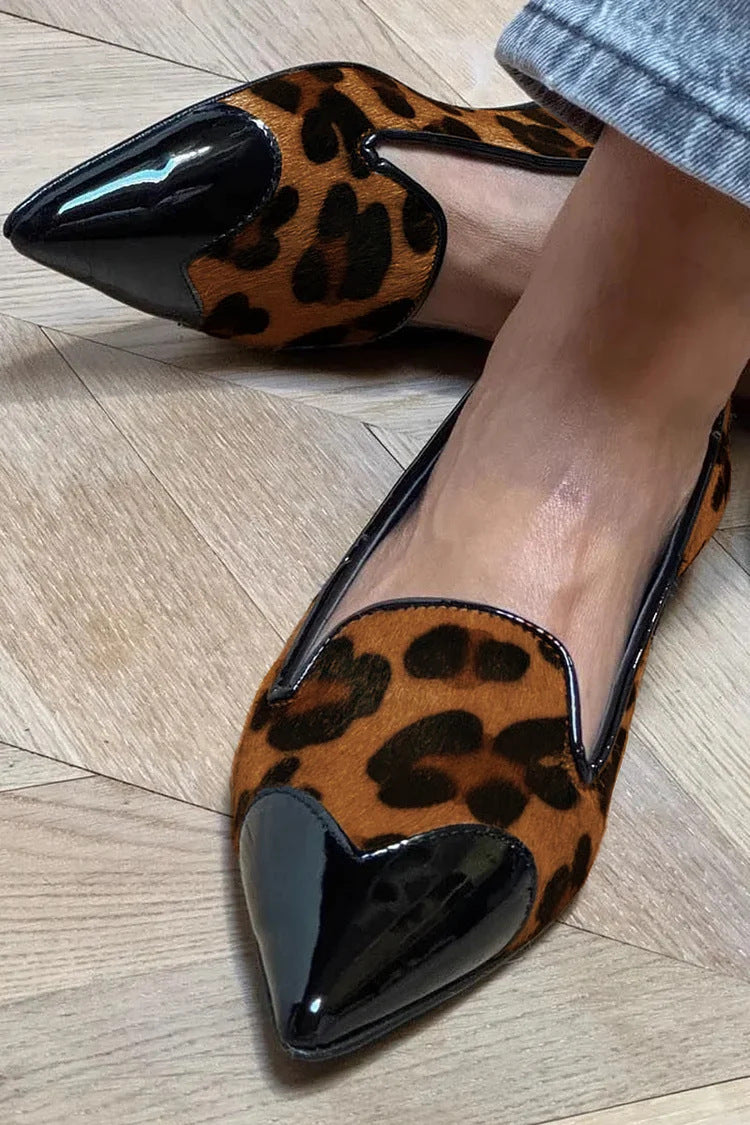 Patented pointed toe suede leopard patchwork slip-on loafers