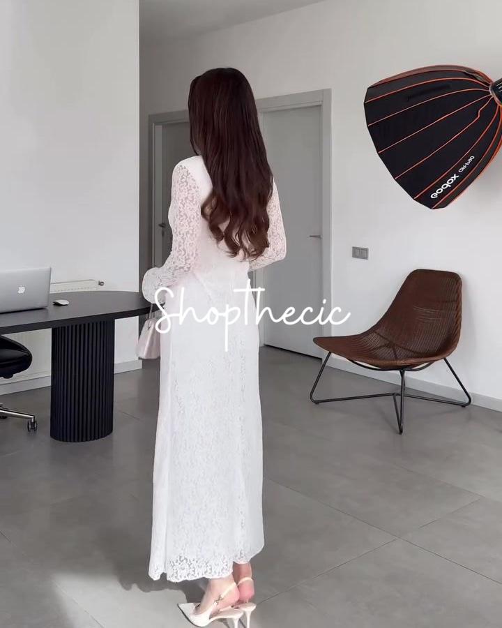 Opulenza misurata Abito da sera aderente con maniche lunghe e bordi in pizzo