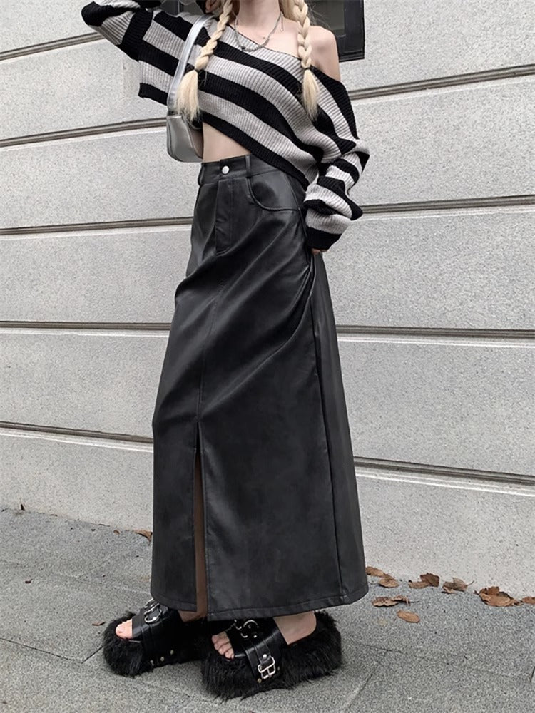 Jupe longue demi-rétro fendue taille haute en PU