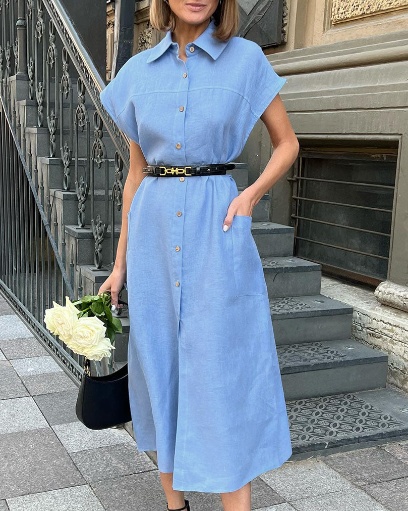 Kleid mit Hemdkragen aus Baumwolle und Leinen mit hoher Taille und Schnürung