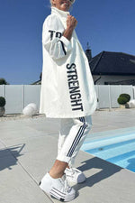 Mid-length letter-printed trench coat and trousers two-piece set