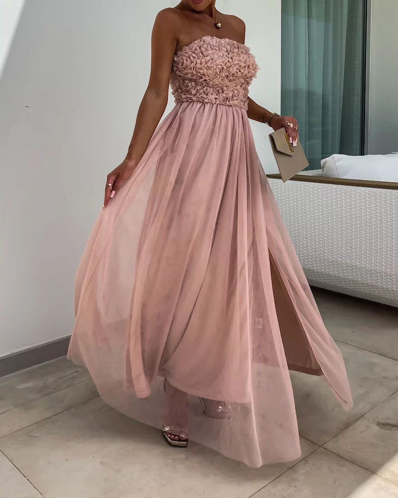 Schulterfreies Tube-Top-Tutu-Kleid aus Netzstoff mit Schlitz