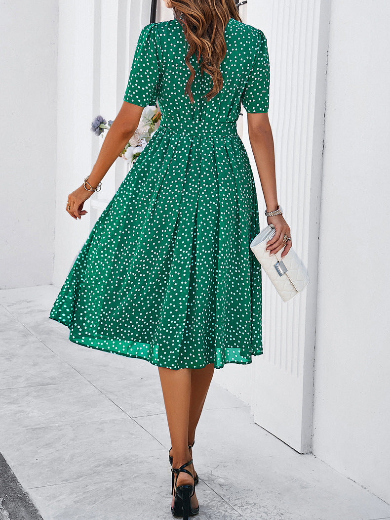Rundhalsausschnitt, Kurzarm, Taillengürtel, Poled Dot-Kleid