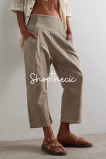 Washed drop-crotch mid-rise straight-leg harem cropped jeans