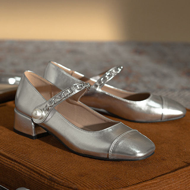 Chaussures Mary Jane argentées à talon épais et bout rond