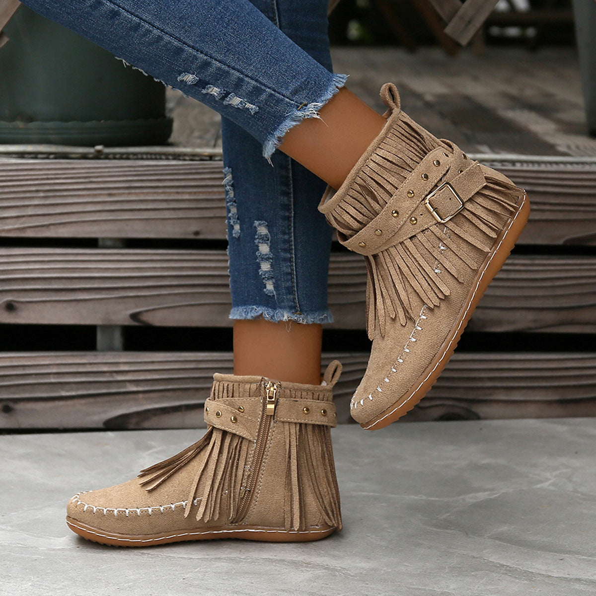 Studded flat tassel boots