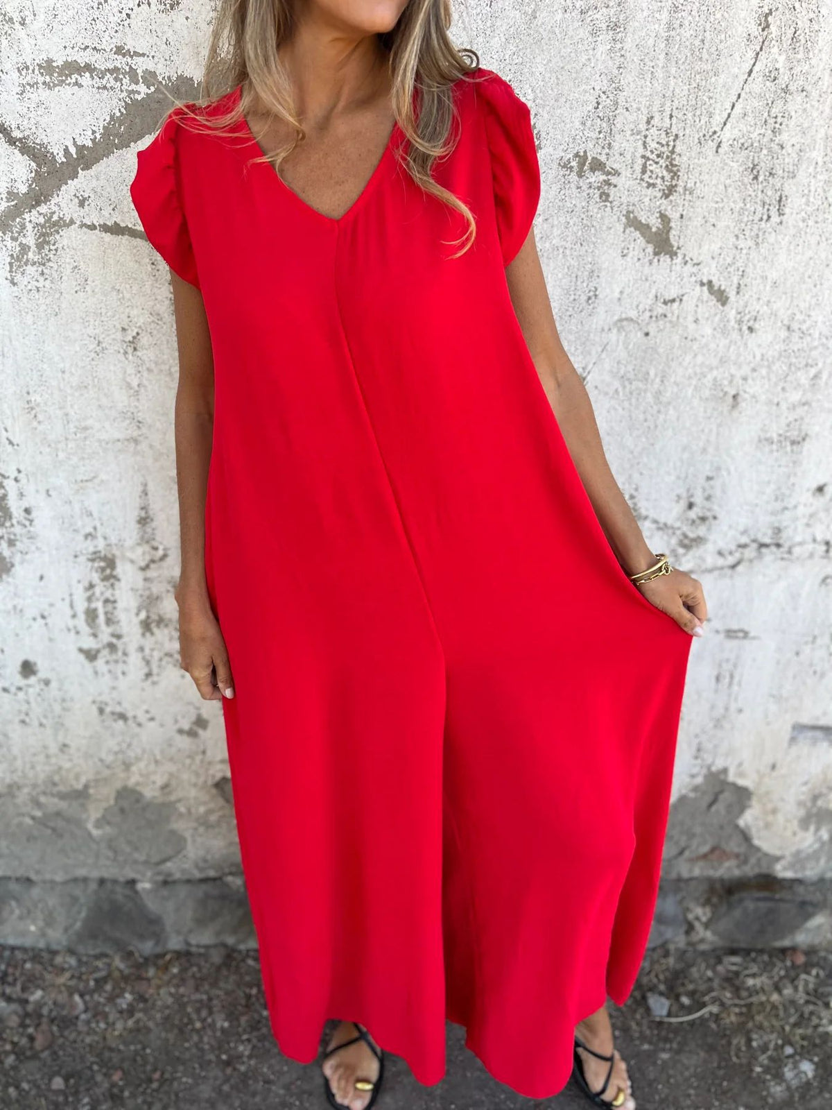V-neck leopard print loose wide-leg jumpsuit