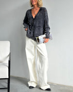 Cozy distressed deep V-neck single-breasted loose wool cardigan