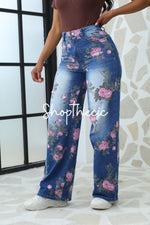Printed mid-rise loose straight leg jeans