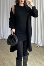 Solid color sleeveless round neck dress knitted cardigan two-piece set