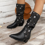 Bottes mi-mollet à talon bloc et empiècements en toile style ancien effet vieilli