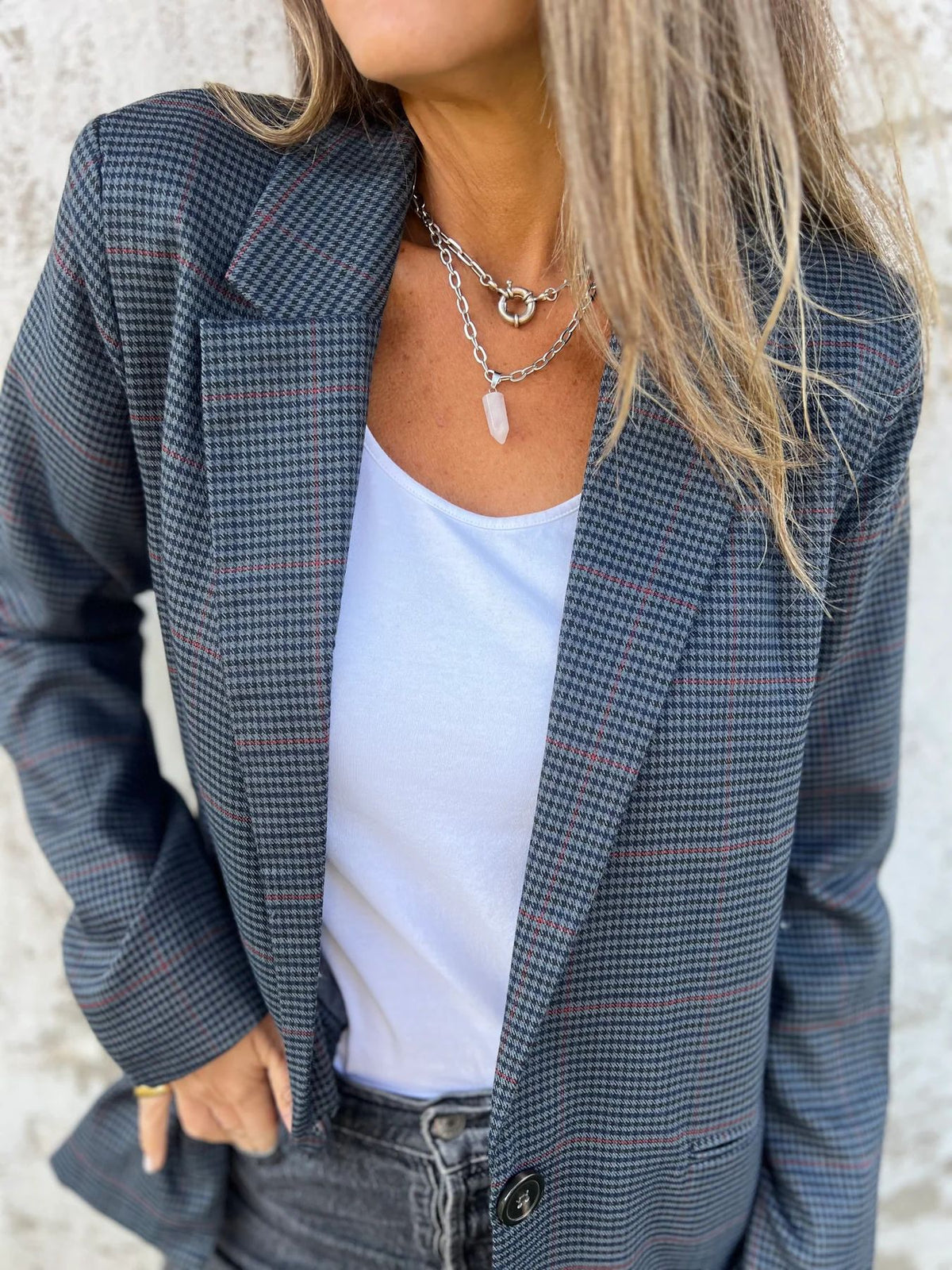 Blazer de bolso com botão único em estilo pied-de-poule
