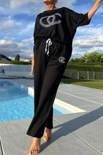 Rhinestone drop shoulder sleeve T-shirt wide-leg pants two-piece set