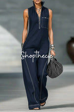 Minimalist Stand Collar Trim Sleeveless Jumpsuit