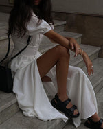 Elegant puff sleeve slit mesh dress