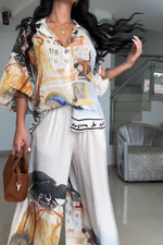 Printed Loose Lantern Sleeve Shirt and Wide-Leg Pants Two-Piece Set