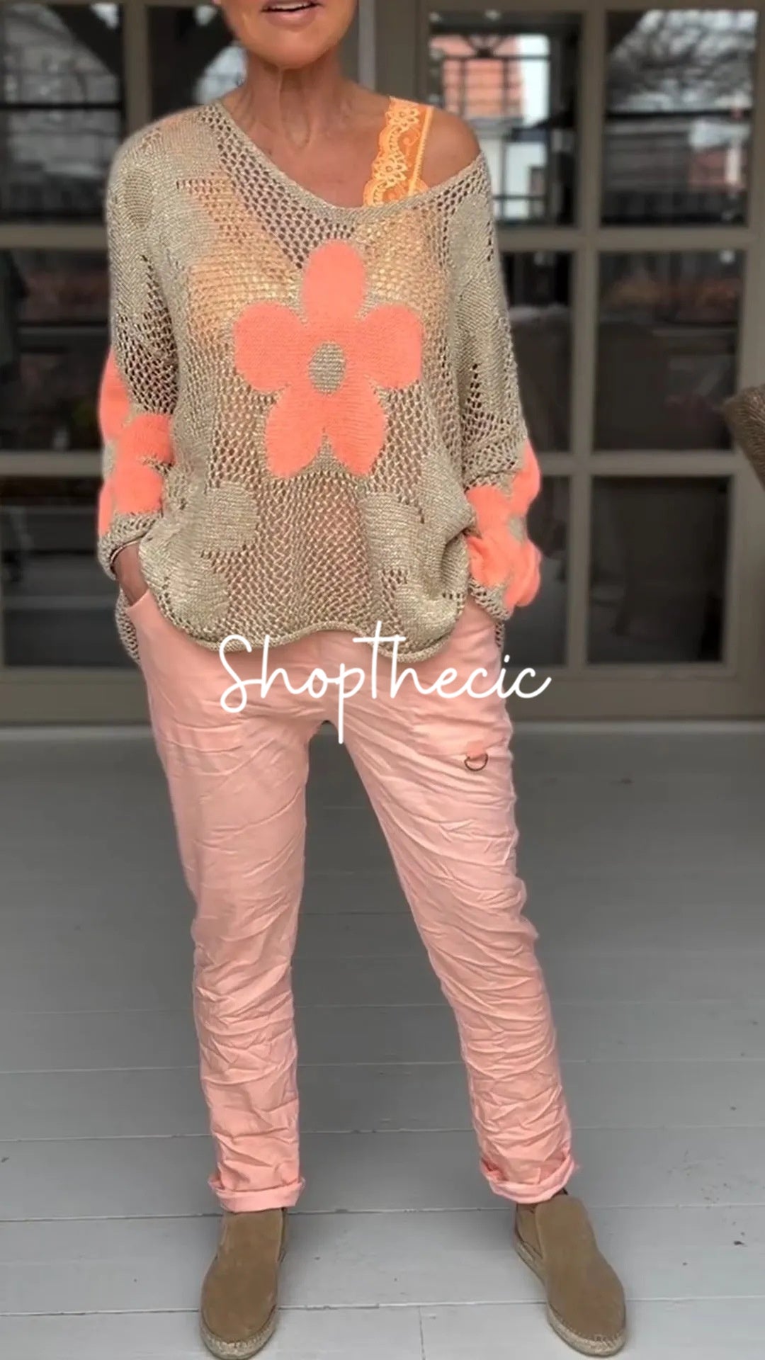 V-neck floral openwork knit cover-up