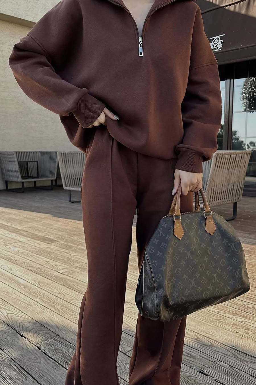 Thrifted Vibes half-open pullover sweatshirt and pants two-piece set