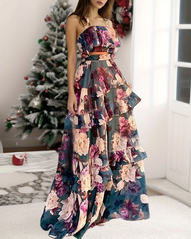 Conjunto de duas peças com saia maxi em camadas com top frente única estampado