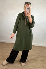 Kangaroo Pocket Loose Hooded Sweatshirt Midi Dress