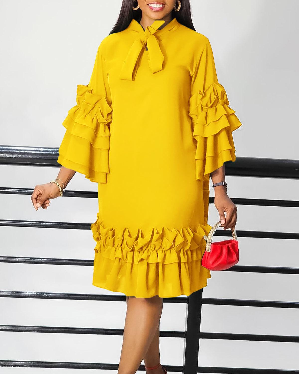 Vestido Midi Sólido Chique com Bainha com Babados e Manga Sino