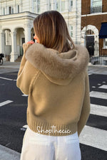 Khaki fuzzy dual-separating zipper hooded sweater cardigan