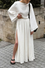 White bubble wrinkled cotton top and long skirt vacation set