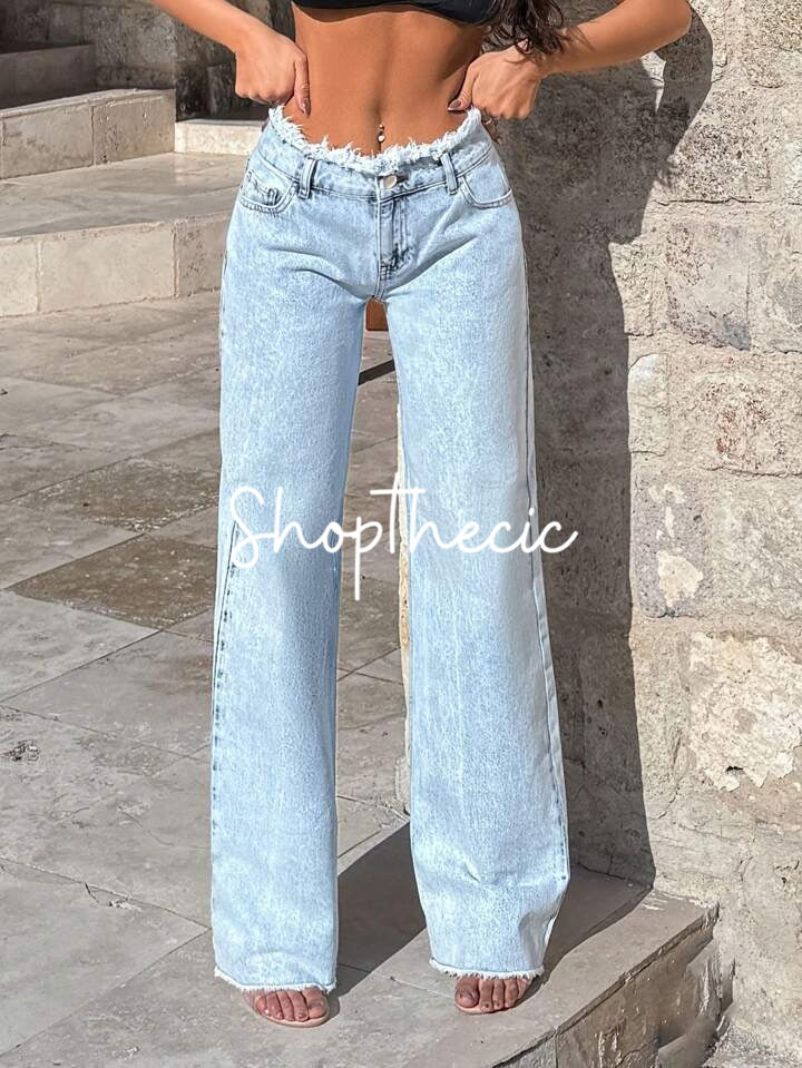 Distressed high-waisted frayed wide-leg jeans