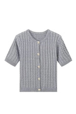 Slim-fit round neck knit short-sleeved cardigan
