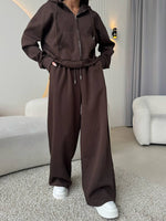 Zippered hooded sweatshirt and lace-up trousers two-piece set