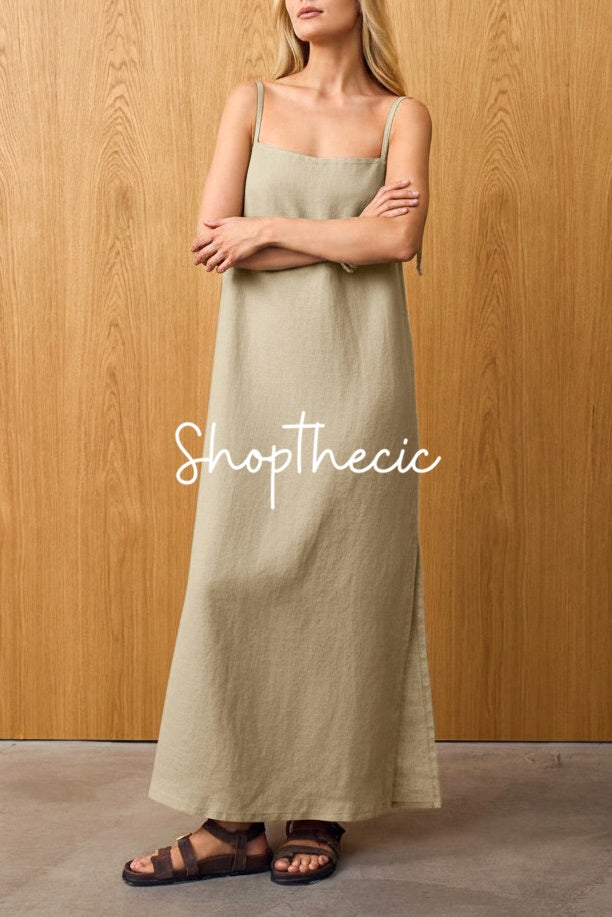 Simple khaki fitted silhouette and slit hem camisole dress