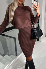 Ribbed knit long-sleeved top and camisole dress two-piece set